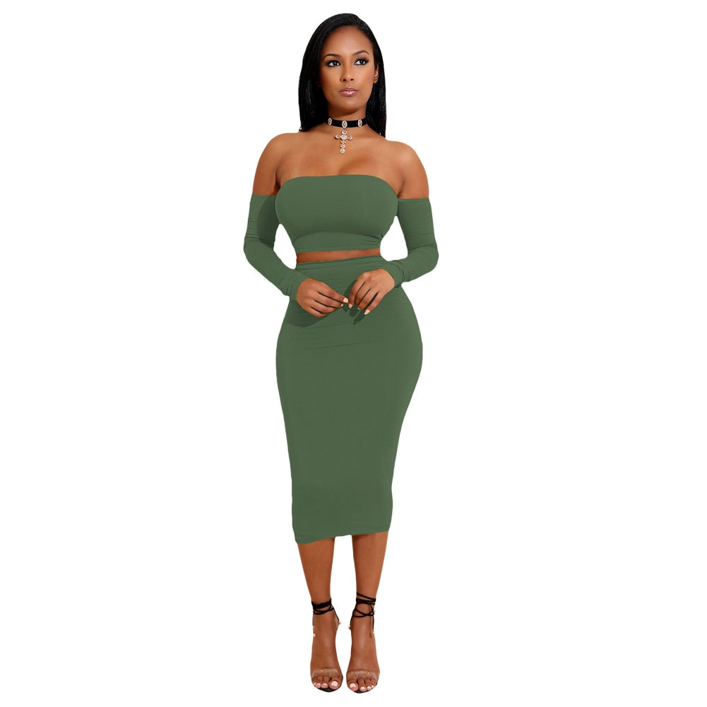 Lace Up Long Sleeve Tube Top Midi Skirt Set