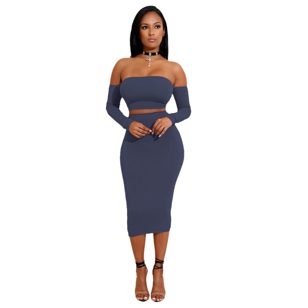 Lace Up Long Sleeve Tube Top Midi Skirt Set