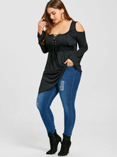Load image into Gallery viewer, Square Neck Cold Shoulder Lace Up Asymmetrical Plus Size Blouse