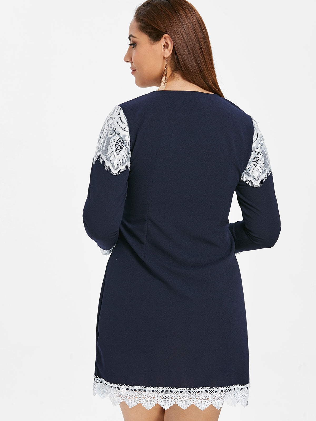 Lace Panel Long Sleeve Plus Size Mini Dress