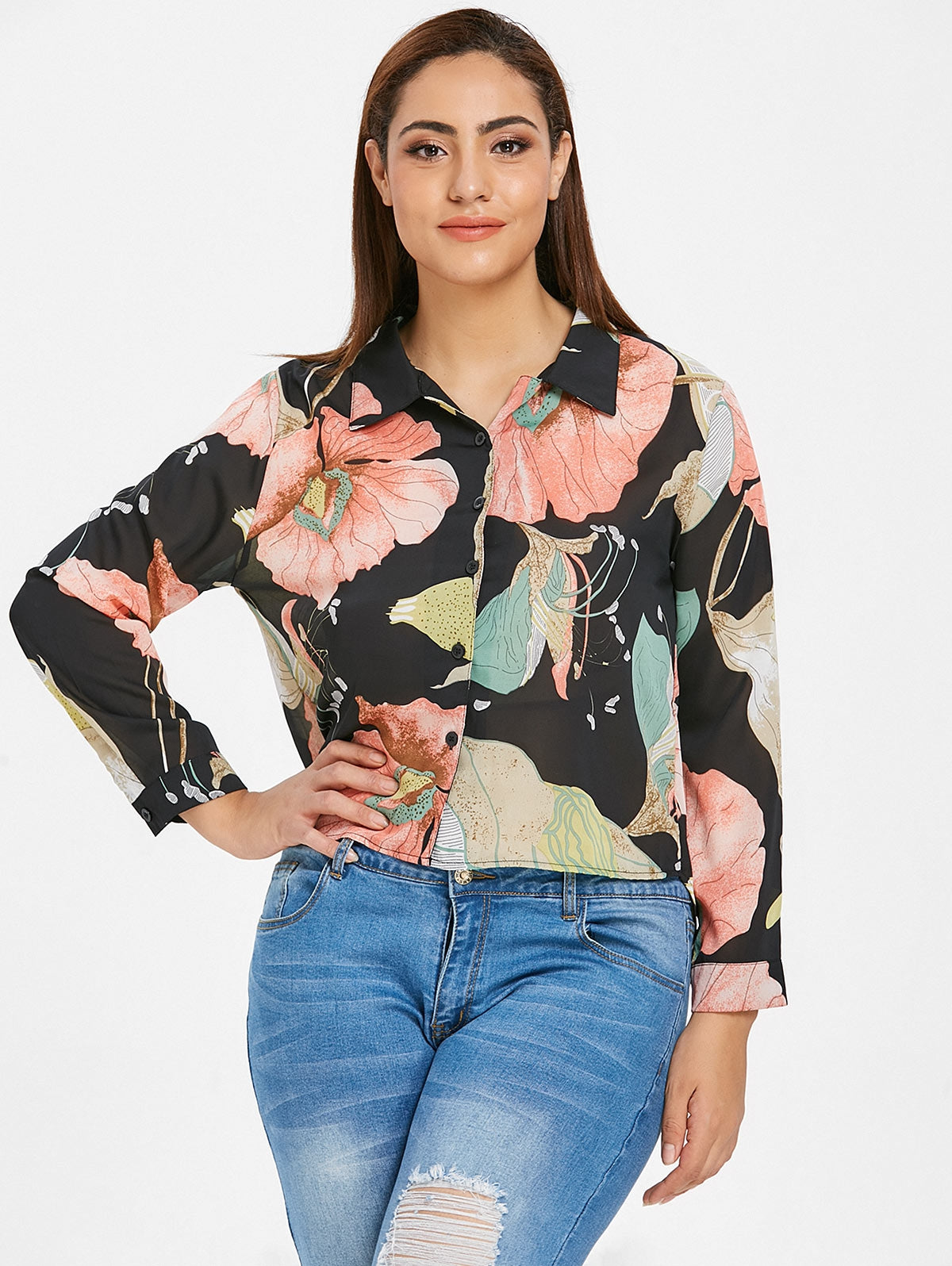 Button Down Floral Print Long Sleeve Plus Size Blouse