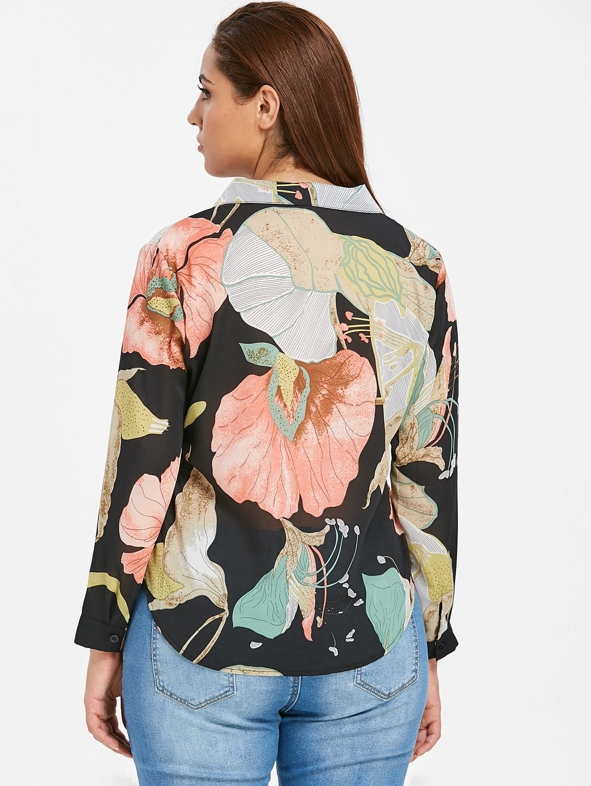 Button Down Floral Print Long Sleeve Plus Size Blouse