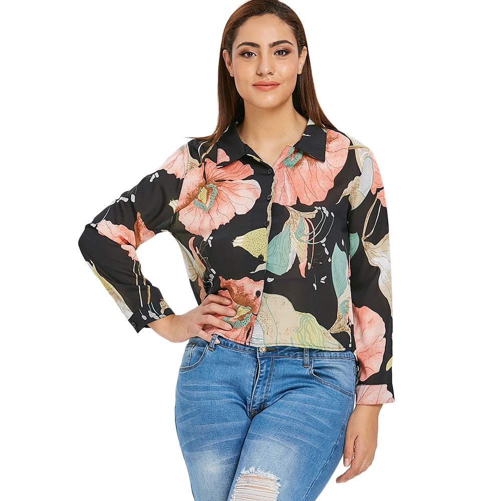 Button Down Floral Print Long Sleeve Plus Size Blouse