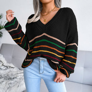 Striped Loose V-neck Knit Lady Sweater