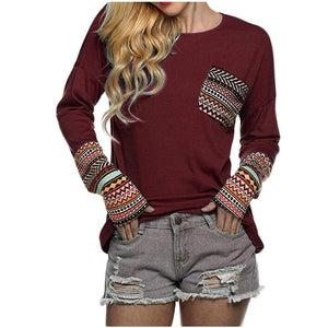 Round Neck Patchwork Long Sleeve T-shirt (4 colors)