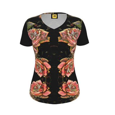 Estampados florales: Roses 06-01Camiseta de jersey ajustada con cuello en V de diseñador para mujer 
