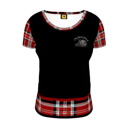 TRP Twisted Patterns 06: Digital Plaid 01-05A Camiseta de diseñador con cuello redondo para mujer 