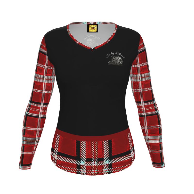 TRP Twisted Patterns 06: Digital Plaid 01-05A Ladies Designer V-neck Slim Fit Long Sleeve Jersey T-shirt