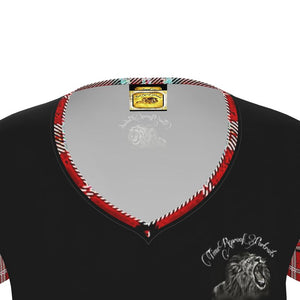 TRP Twisted Patterns 06: Digital Plaid 01-05A Ladies Designer V-neck Slim Fit Jersey T-shirt