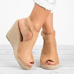 Peep Toe Suede Wedge Ankle Strap Shoes