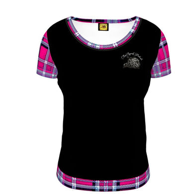 TRP Twisted Patterns 06: Digital Plaid 01-04A Camiseta de diseñador con cuello redondo para mujer 