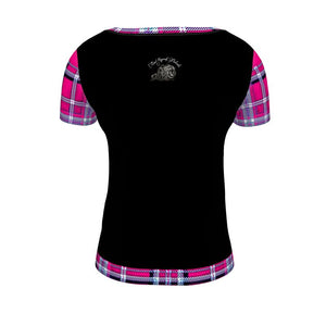 TRP Twisted Patterns 06: Digital Plaid 01-04A Camiseta de diseñador con cuello redondo para mujer 