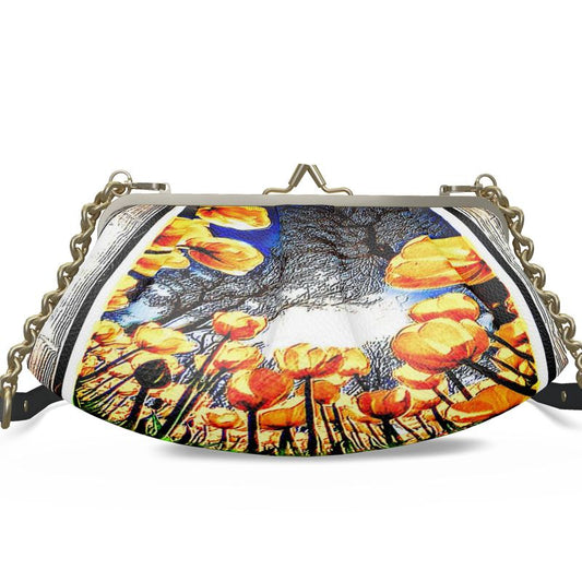 Floral Embosses: Tulip Daydream 01 Designer Pleated Leather Metal Frame Crossbody Clutch Bag