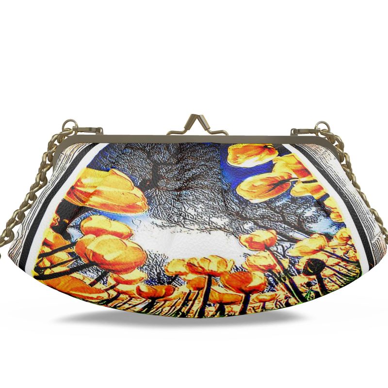 Floral Embosses: Tulip Daydream 01 Designer Pleated Leather Metal Frame Crossbody Clutch Bag