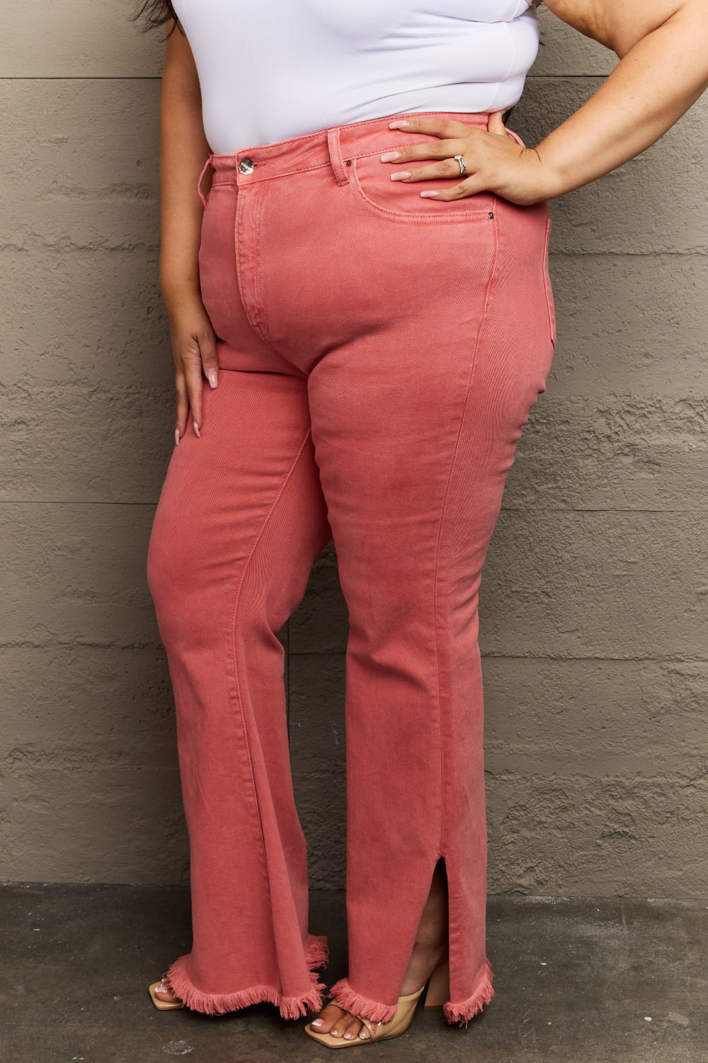 Coral Color High Waist Full Size Side Slit Flare Jeans