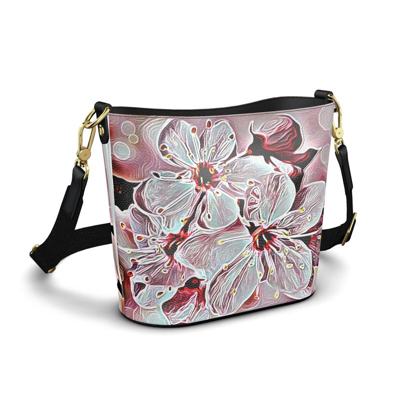 Floral Embosses: Pictorial Cherry Blossoms 01-03 Designer Penzance Leather Bucket Shoulder Bag