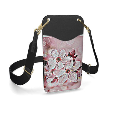 Relieve floral: Flores de cerezo pictóricas 01-03 Estuche para teléfono con tarjetero de cuero de diseñador y correa (2 estilos de correa) 