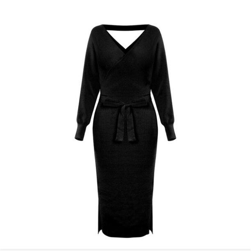 Split V-Neck Sweater Midi Dress with Belt