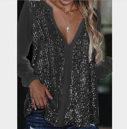 Sequined V-neck Long Sleeve Chiffon Blouse (Black/Gray)