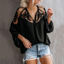Load image into Gallery viewer, V-Neck Lace Mesh Stitching Long Sleeve Ruched Blouse