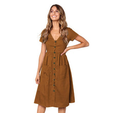 Load image into Gallery viewer, Solid V-neck Button Bohemian Casual Cotton Midi Dress