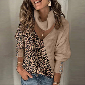 Suéter de punto con manga farol y botones de primavera con cuello alto y retales de leopardo (6 colores)