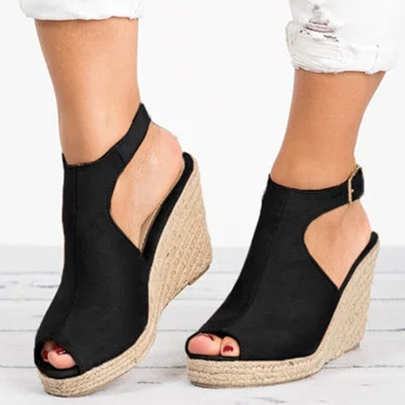 Peep Toe Suede Wedge Ankle Strap Shoes