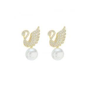 S925 Silver Needle Zircon Inlay Bric Swan Pearl Stud Earrings