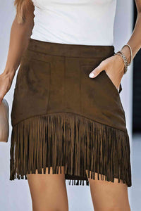 Fringe Detail Zip-Back Mini Skirt with Pockets (Black/Brown/Pink)