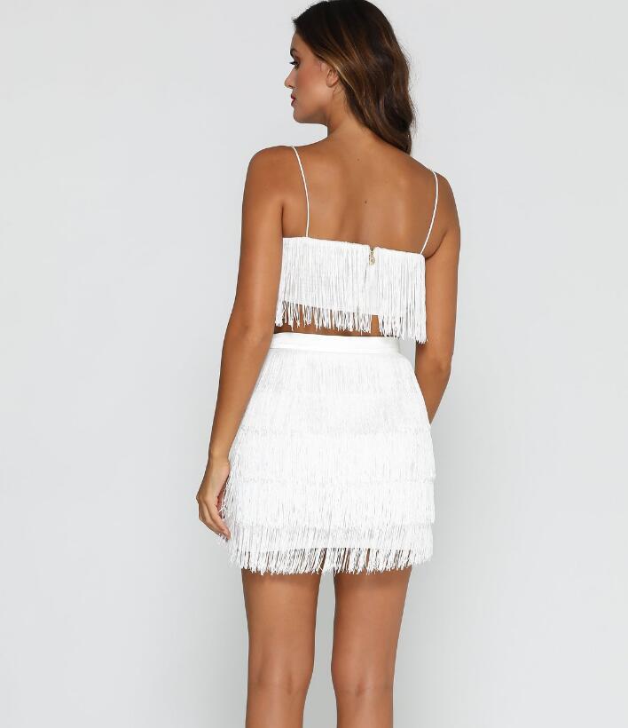 Two Piece Tassel Bandage Cropped Cami Top Mini Skirt Set