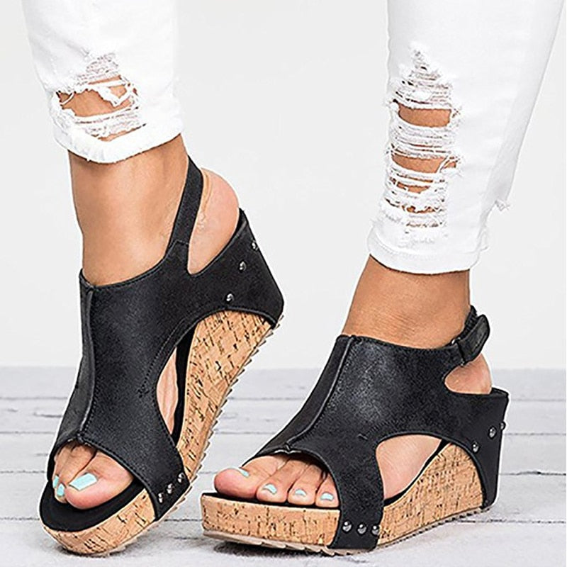 PU Leather Hook & Loop Fashion Wedge Sandals