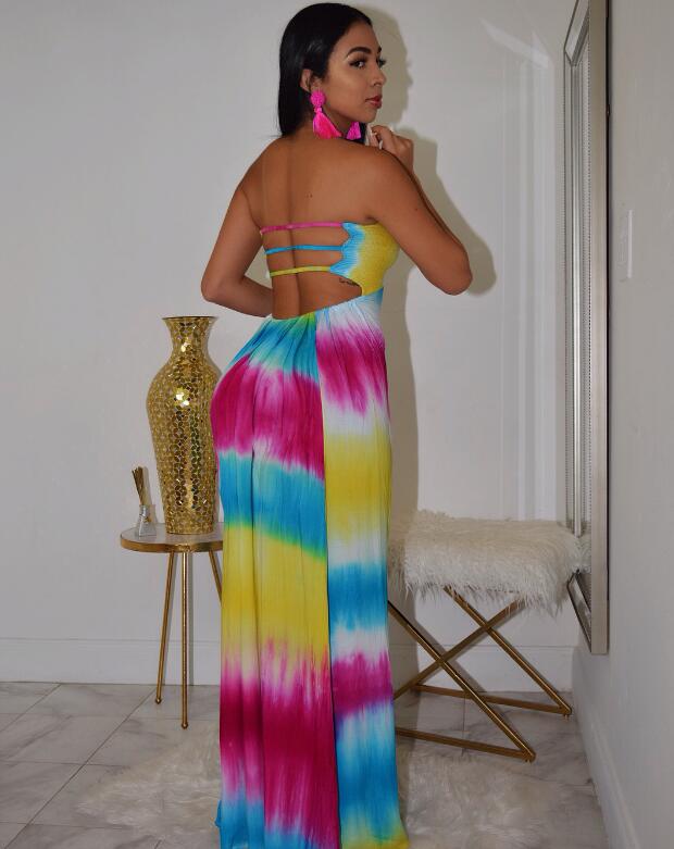 Strapless Bohemian Striped Lace Up Tie-dye Print Maxi Dress