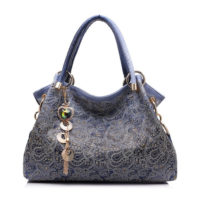 Hollow Out Ombre Floral Print Leather Handbag