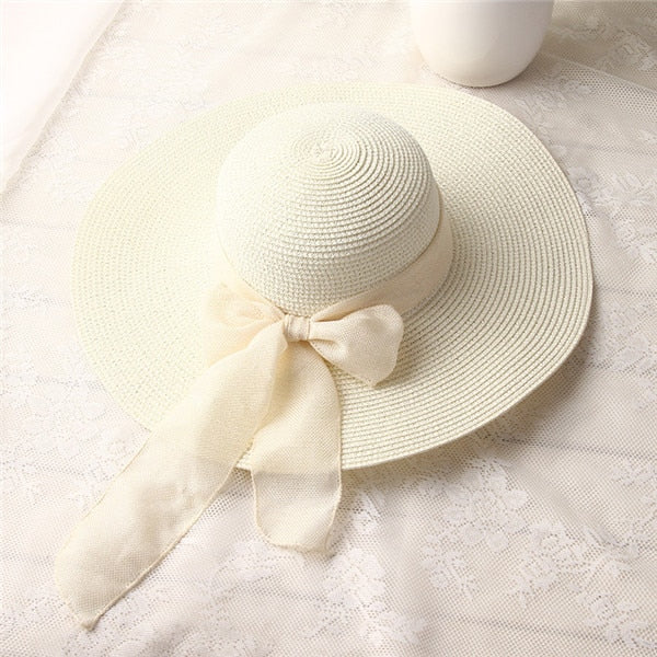 Hand Made Ribbon Bow-knot Wide Brin Straw Hat