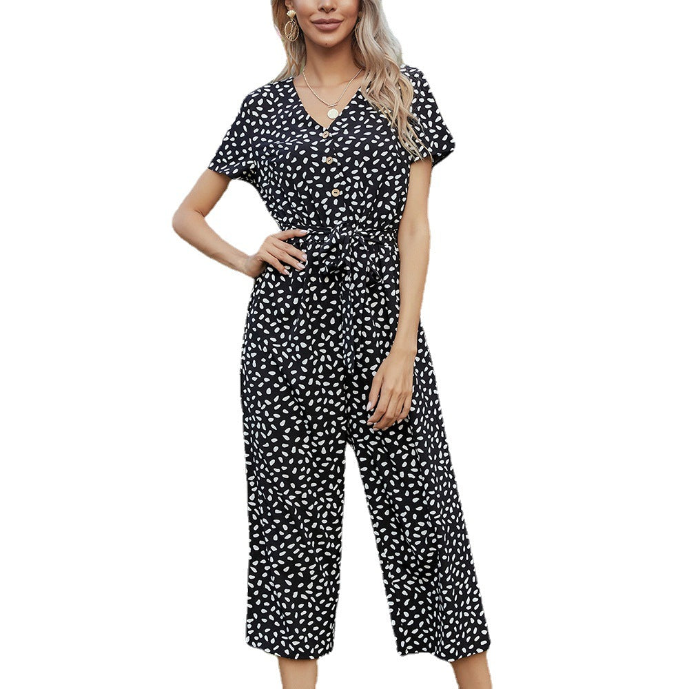 Single Breasted V Neck Short Sleeve Printed Wide Leg Capri Jumpsuit