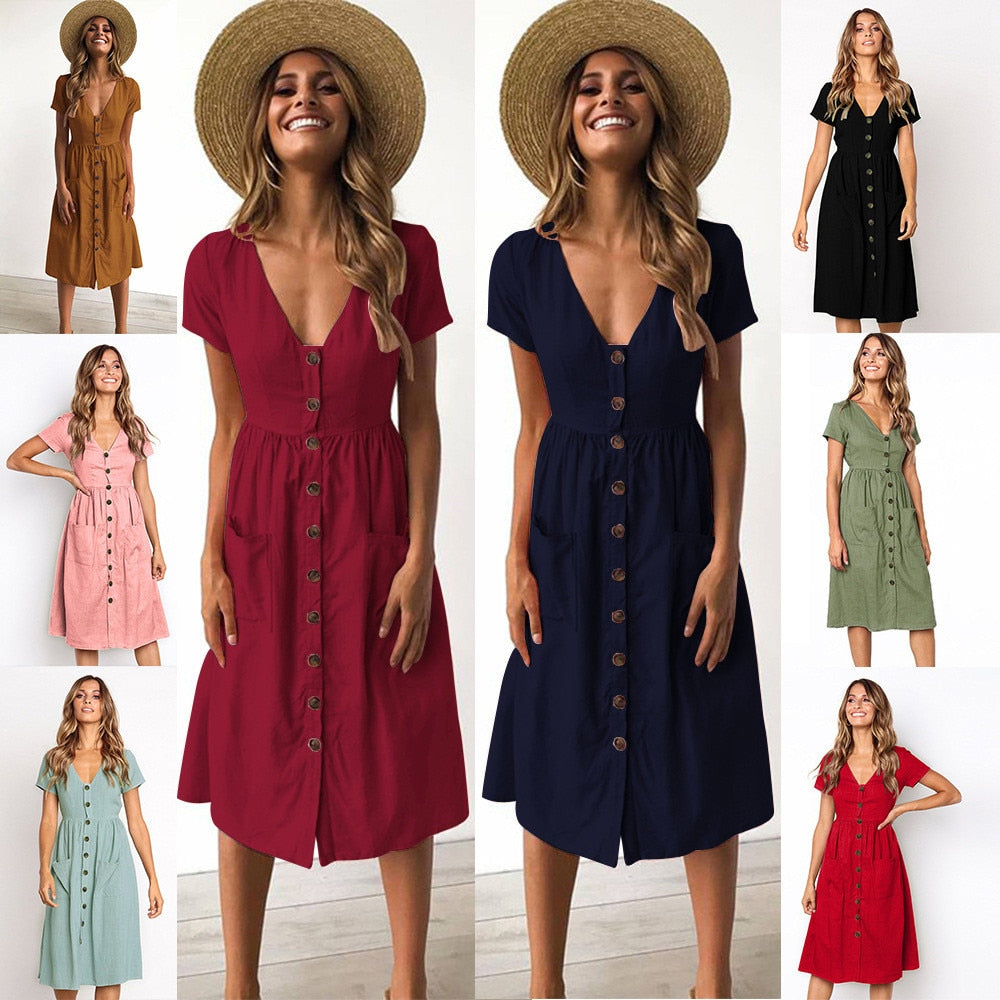 Solid V-neck Button Bohemian Casual Cotton Midi Dress