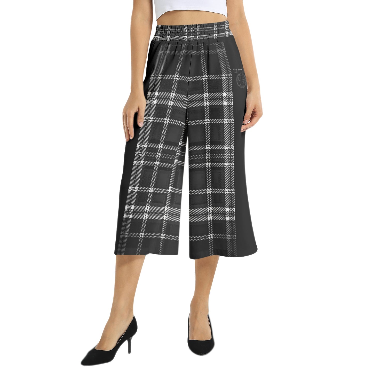 Yahuah-Tree of Life 02-04 + Digital Plaid 01-06A Designer Elastic Waist Wide Leg Capris