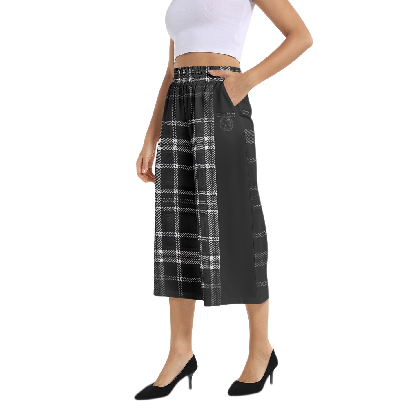 Yahuah-Tree of Life 02-04 + Digital Plaid 01-06A Designer Elastic Waist Wide Leg Capris