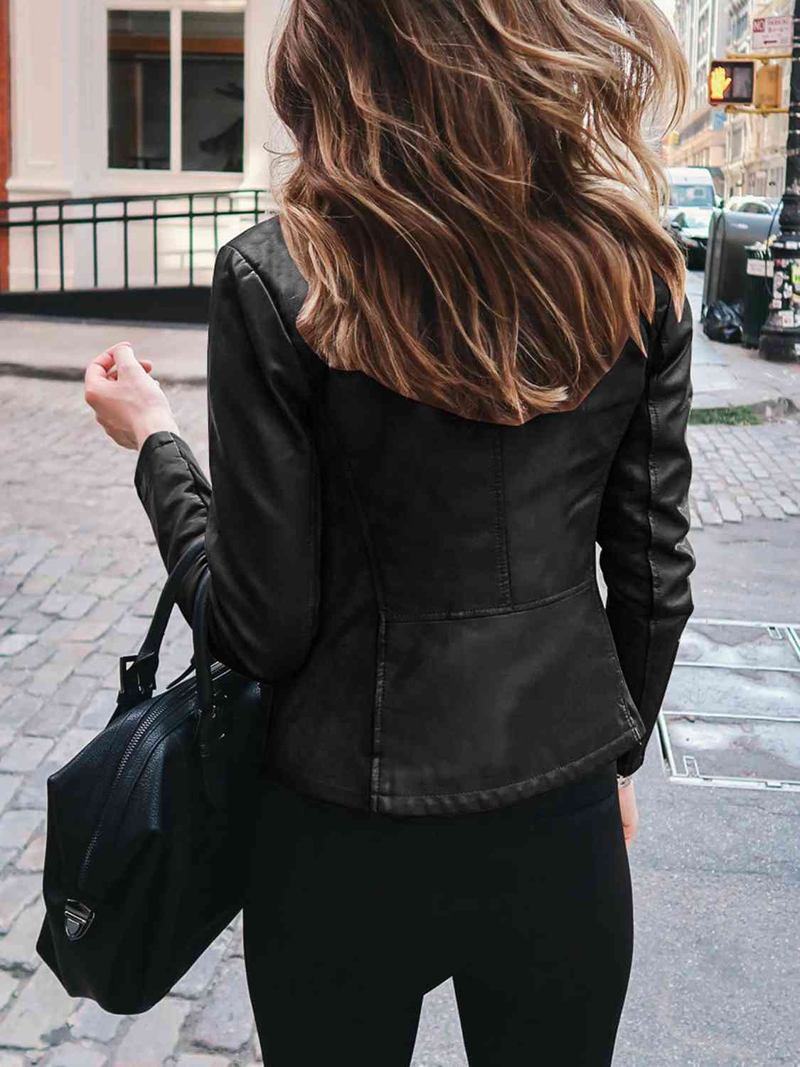 Band Collar Zip Up PU Leather Jacket