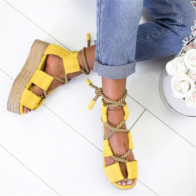 Hemp Lace Up Block Heel Gladiator Sandals