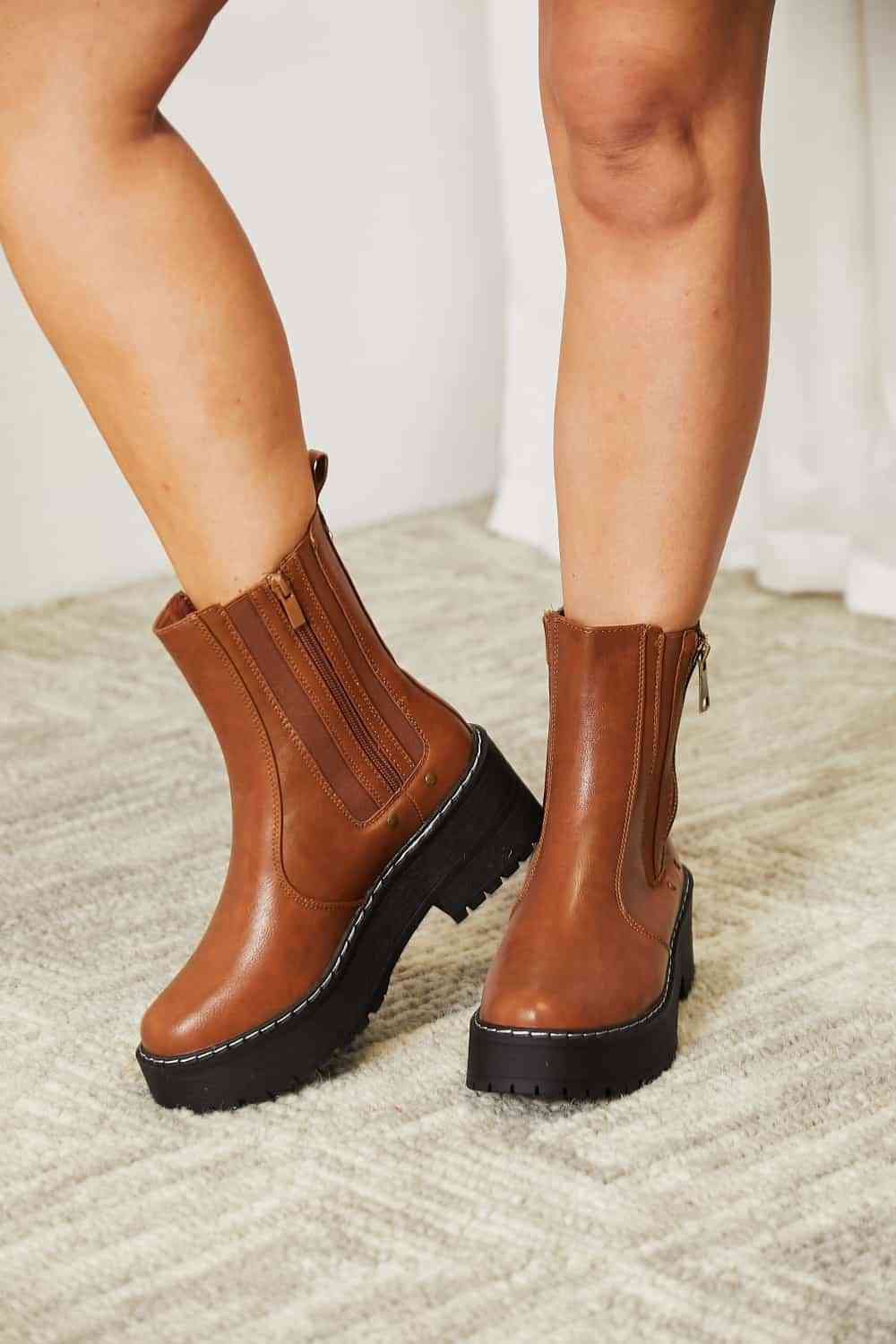 Forever Link Side Zip Platform Boots, Chestnut Color