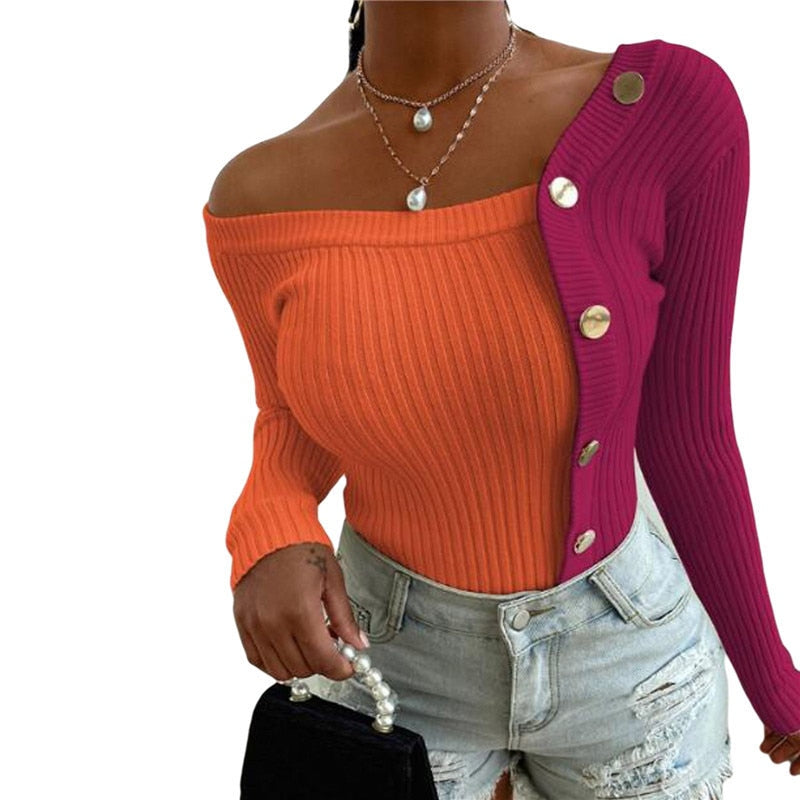 Knitted Off Shoulder Slim Button Up Sweater