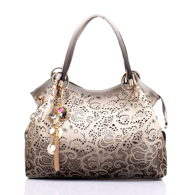 Hollow Out Ombre Floral Print Leather Handbag