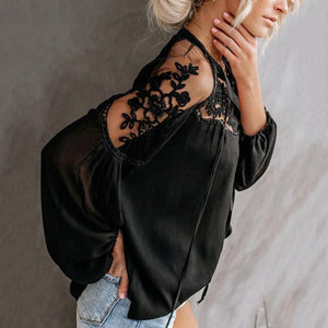 V-Neck Lace Mesh Stitching Long Sleeve Ruched Blouse