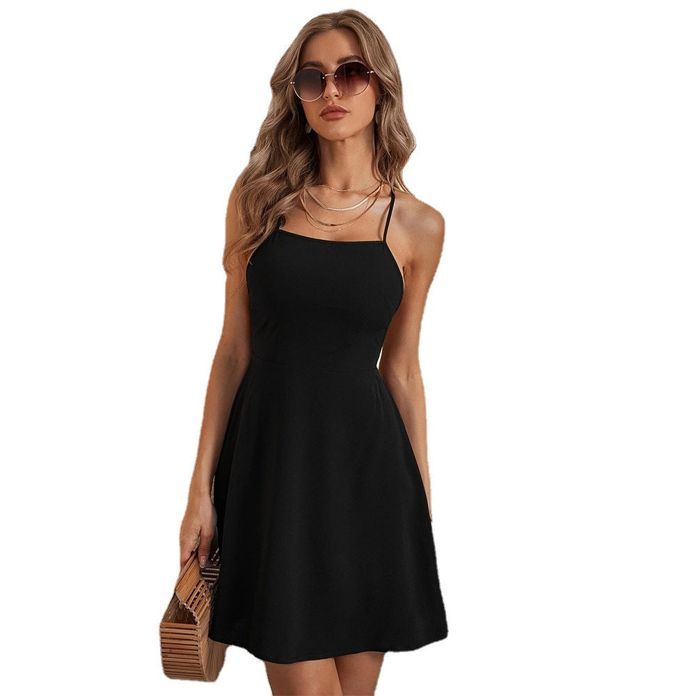 Black Square Neck Criss Cross Backless Shift Mini Dress