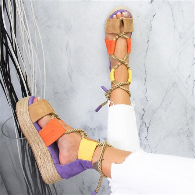 Hemp Lace Up Block Heel Gladiator Sandals