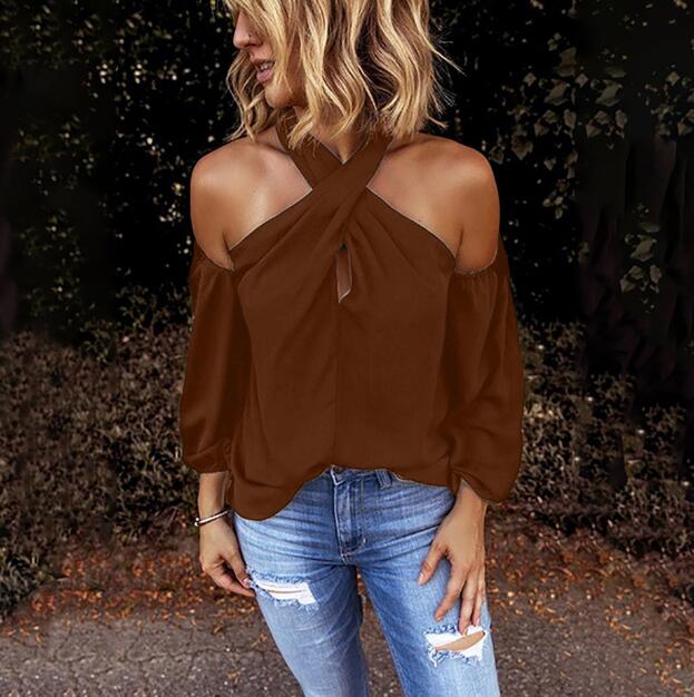 Solid Halter Neck Open Shoulder Long Sleeve Blouse (4 colors)