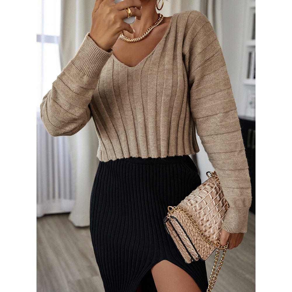 Striped Solid V-Neck Commuter Sweater