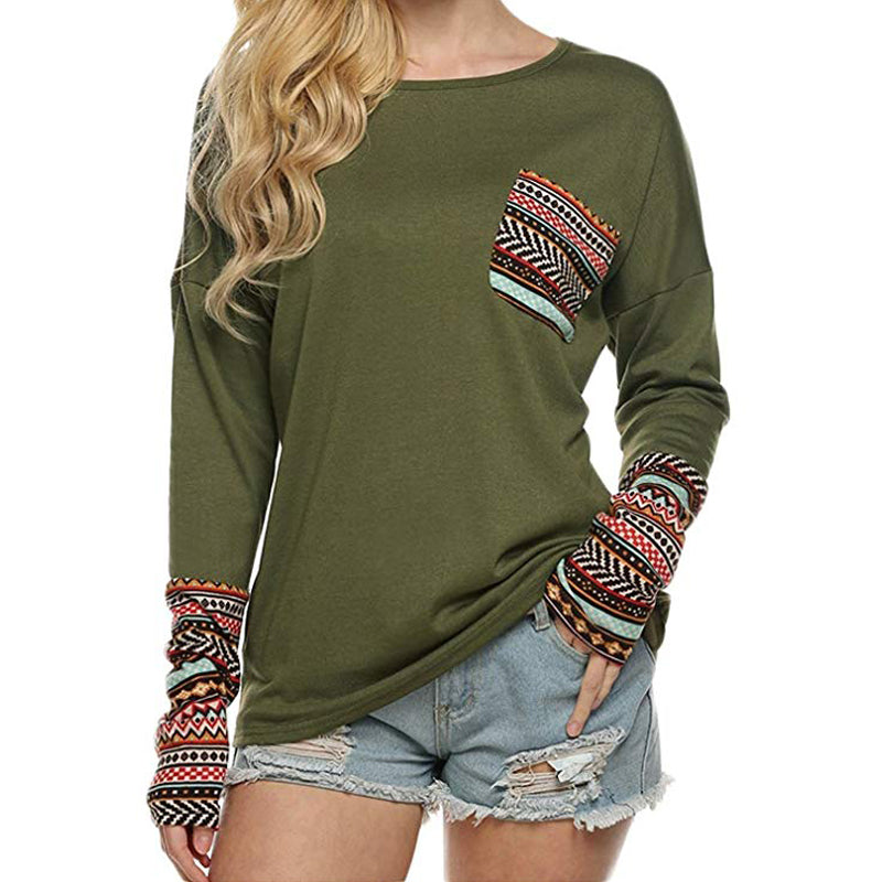 Round Neck Patchwork Long Sleeve T-shirt (4 colors)