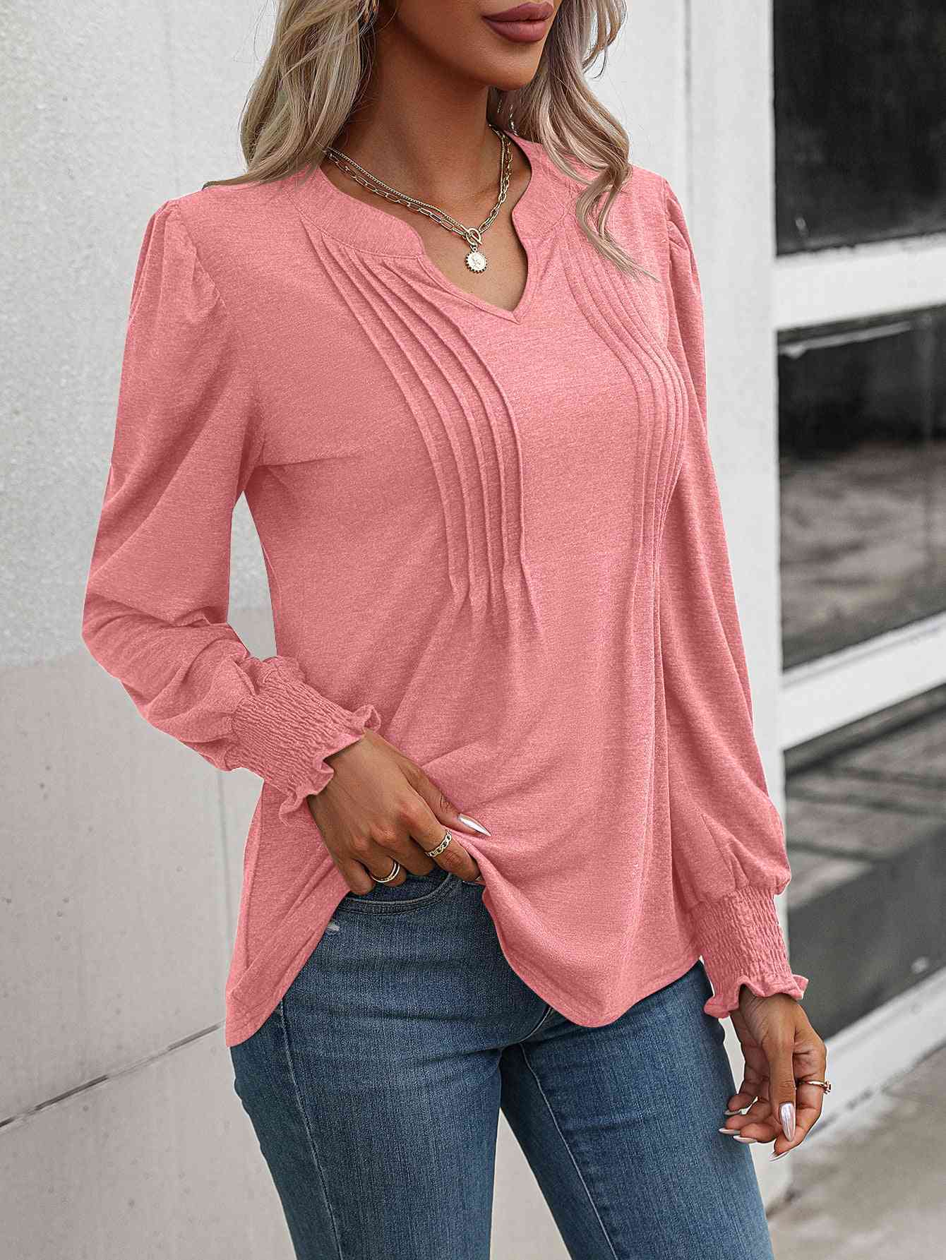 Ruched Notch Neck Puff Sleeve Smocked Blouse (6 colors)